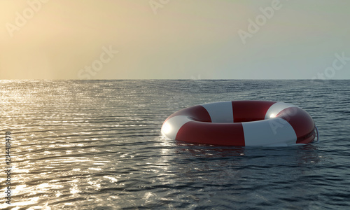 Lifebuoy in ocean - 3D render illustration. Emergency lifesaver buoy in water. Saving Lives - social advertising poster with copy space. Lifeguard equipment with rope floating in sea. lifeguard day