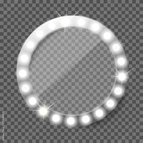 Round makeup mirror with light bulbs. Illuminated vintage vanity mirror. Coming soon vector concept