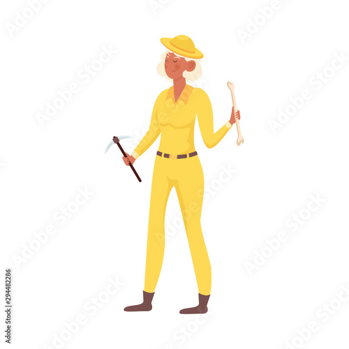 Woman archaeologist in yellow clothing holding ancient bone vector illustration