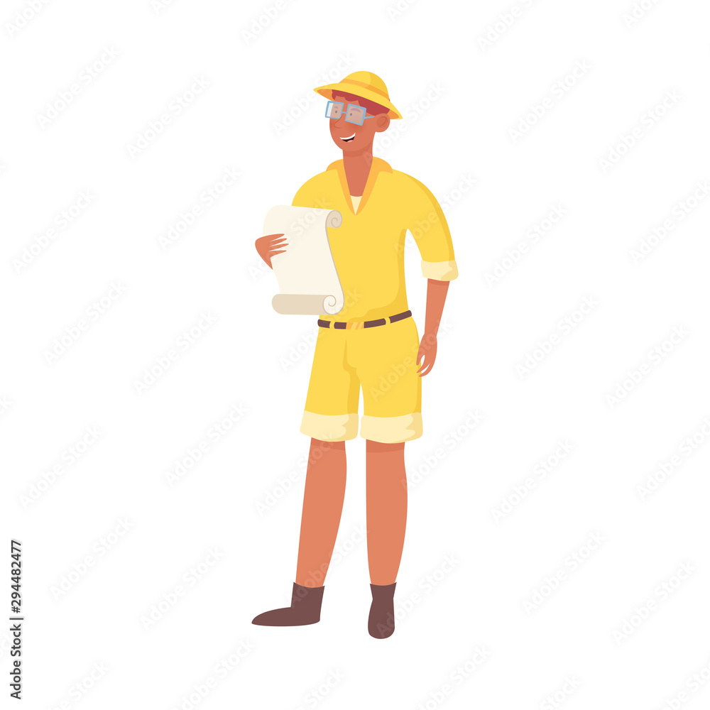 Man archaeologist in yellow clothing holding ancient fleece vector illustration