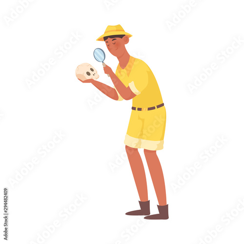 Man archaeologist looking at ancient skull vector illustration