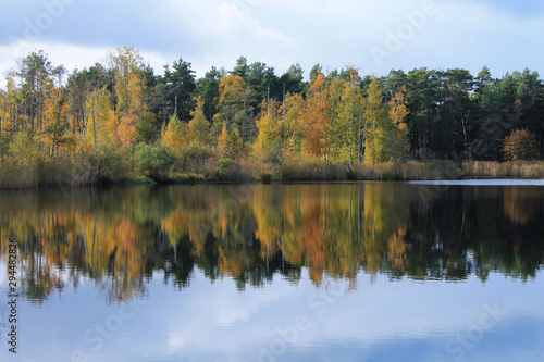 Beautiful autumn landscape for a calendar or postcard. Colorful trees are reflected in the water of a forest lake.