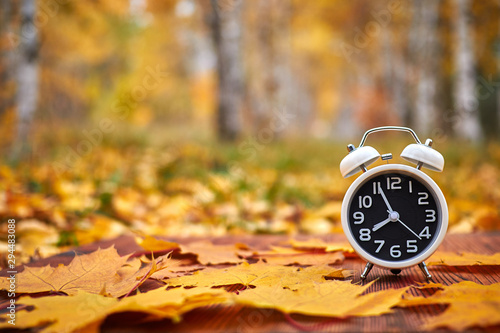 Clock and leaves on wooden table. Clock alarm in autumn nature forest. Concept make time for nature. Symbolic still life representing autumn season.