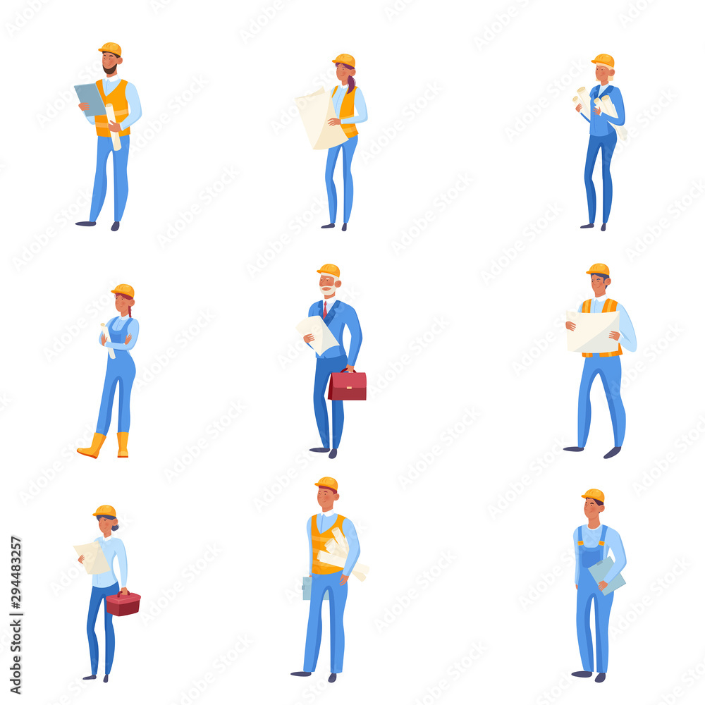 Set of builders in blue clothing and helmets vector illustration Set of builders in blue clothing and helmets vector illustration