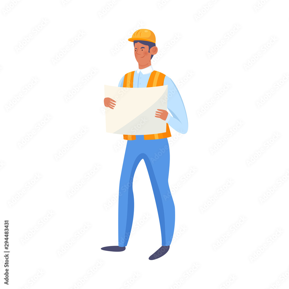 Man builder standing and looking at plan vector illustration Man builder standing and looking at plan vector illustration