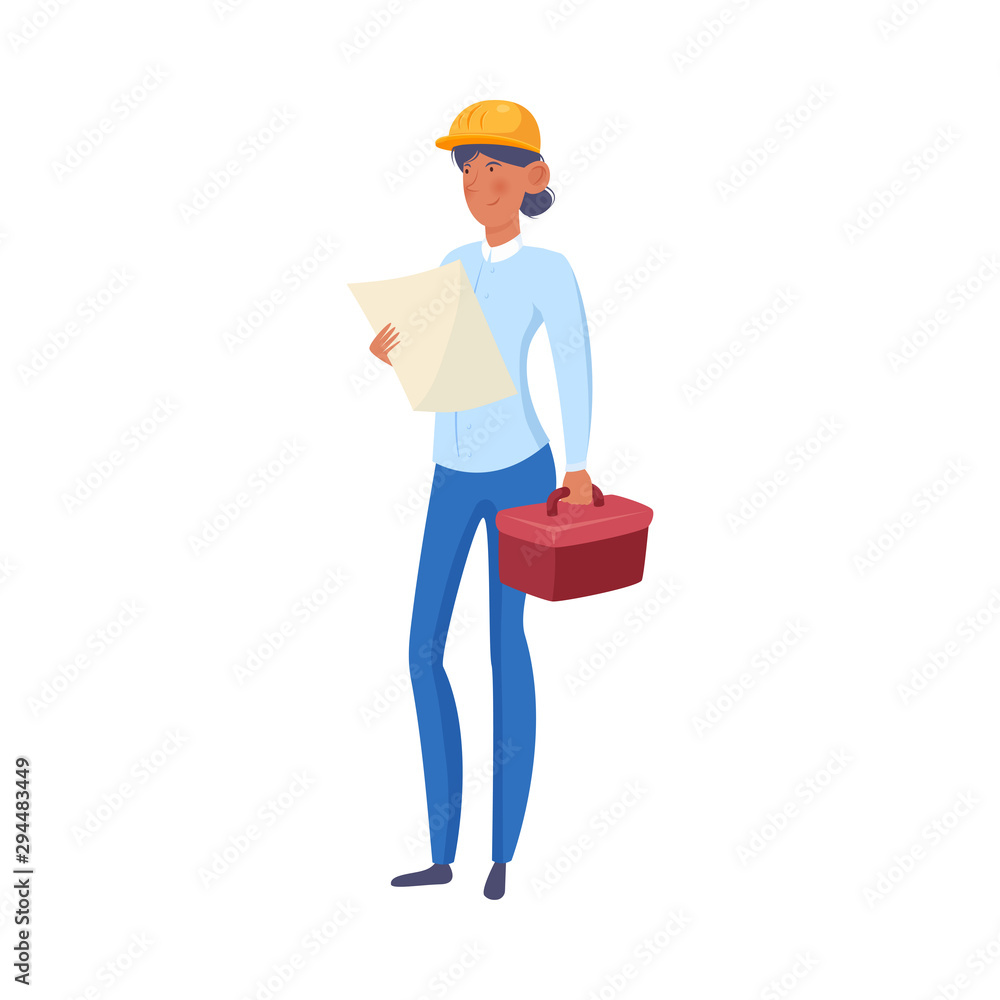Woman builder holding tools and document in hands vector illustration Woman builder holding tools and document in hands vector illustration