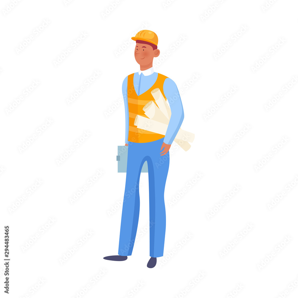 Man builder holding plans and documents in hands vector illustration