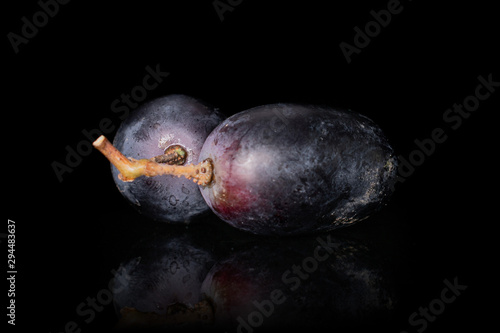 Group of two whole fresh black grape isolated on black glass photo