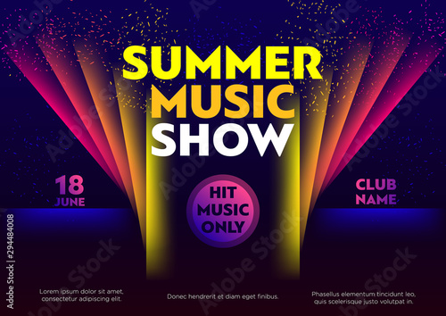 Horizontal summer music show poster with color graphic elements, dark background and text.  