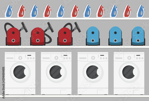 Household electrical appliances on shelves. There are washing machines, vacuum cleaners and irons in the picture. Vector illustration