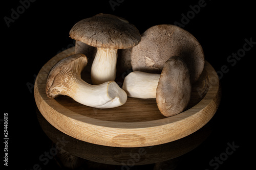 Group of four whole raw fresh creamy king trumpet mushroom on bamboo plate isolated on black glass
