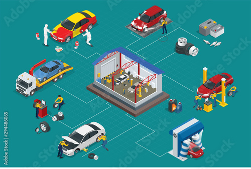 Isometric car repair maintenance autoservice center garage and car service concept. Technicians replace vehicle part, wheels.