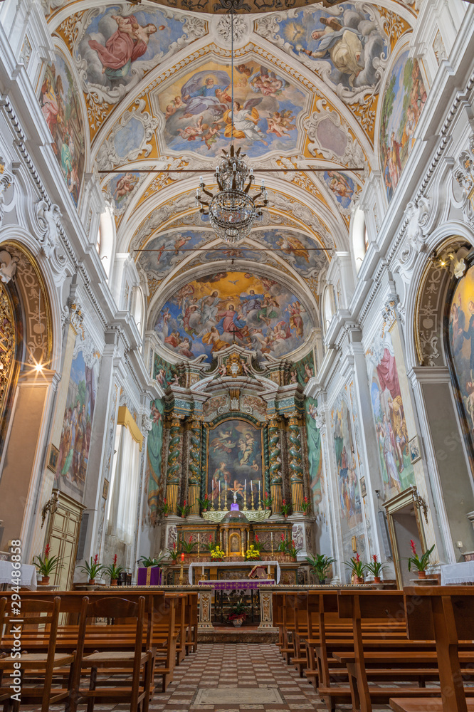 ACIREALE, ITALY - APRIL 11, 2018: The nave of baroque church Chiesa di San Camillo with the frescoes by Pietro Paolo Vasta (1745 - 1750).
