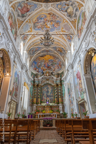 ACIREALE, ITALY - APRIL 11, 2018: The nave of baroque church Chiesa di San Camillo with the frescoes by Pietro Paolo Vasta (1745 - 1750).