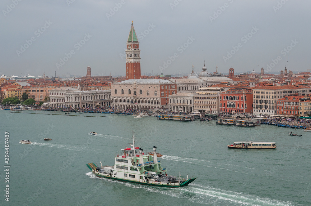 Aerial view of San Marco square and Canal Grande with vaporetto and ferry
