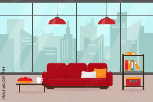 Modern living room with big window and furniture. House in big modern city. Interior vector illustration.