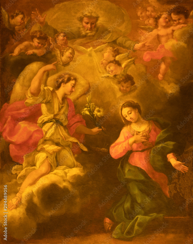 ACIREALE, ITALY - APRIL 11, 2018: The painting of Annunciation in Duomo - cattedrale di Maria Santissima Annunziata by  Antonio Filocamo (1711).