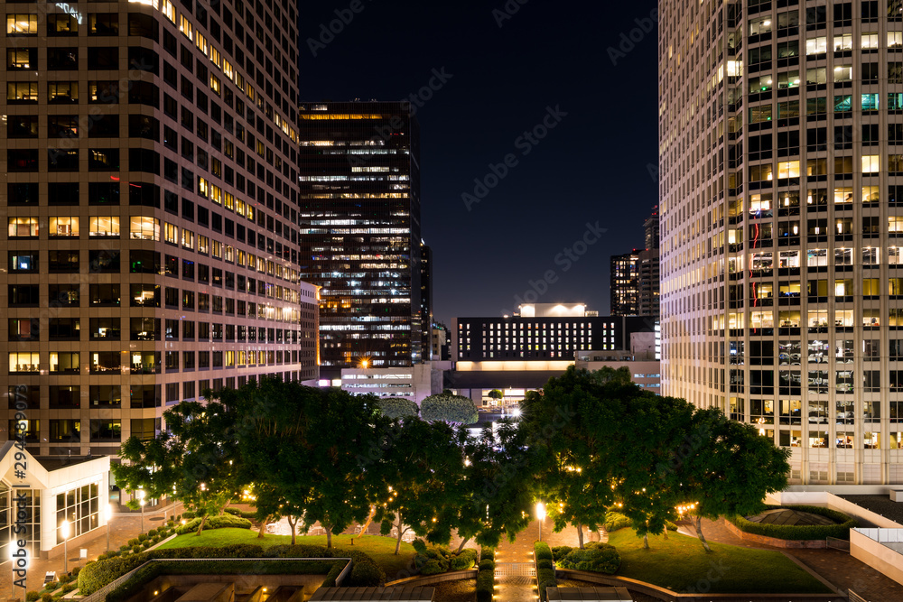 Colorful night cityscape of modern buildings above an urban park with green grass and trees Colorful night cityscape of modern buildings above an urban park with green grass and trees