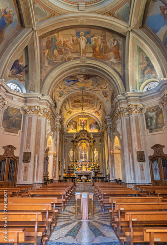 COMO  ITALY - MAY 9  2015  The nave of church Chiesa di San Andrea Apostolo  Brunate  with the frescoes in the cupola by Mario Albertella  1934 .