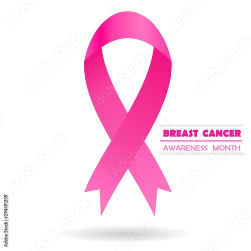 Pink ribbon with shadow on white background. Vector illustration for breast cancer awareness month.