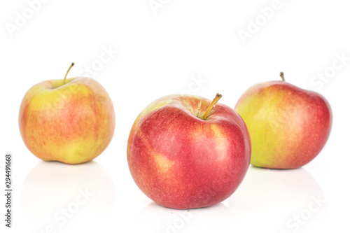 Group of three whole red apple jonagold front focus isolated on white background