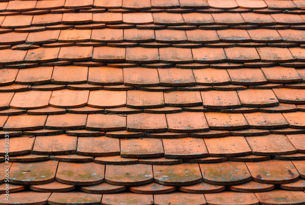 Old dirty roof tiled with overlapping flat tiles as a background. Photo in perspective with selective focus Old dirty roof tiled with overlapping flat tiles as a background. Photo in perspective with selective focus