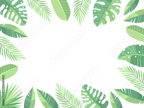 Vector illustration. Green plants  exotic leaves  banana leaf  areca palm  botany  flora. Tropical frame  place for your text.