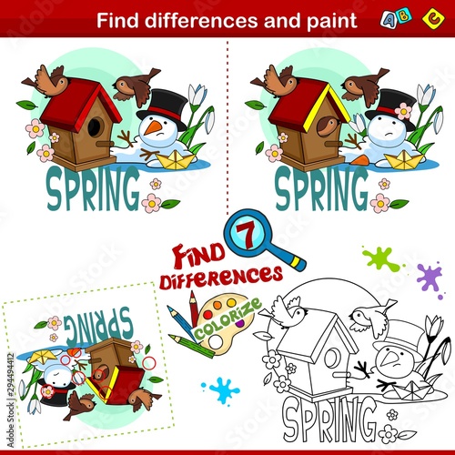 Set for children and schoolchildren. Find the difference in the picture and color it. Spring picture depicting a birdhouse and a flying prince, a melting snowman and a paper boat.