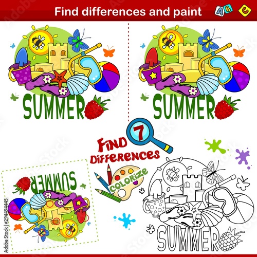 Set for children and schoolchildren. Find the difference in the picture and color it. Summer picture with drawings of a butterfly, a sand castle, a cockleshell, a ball and a bucket with a shovel.