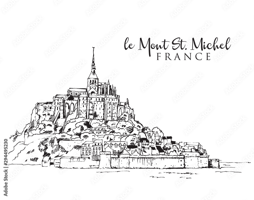 Vetor de Drawing sketch illustration of le Mont Saint Michel do Stock