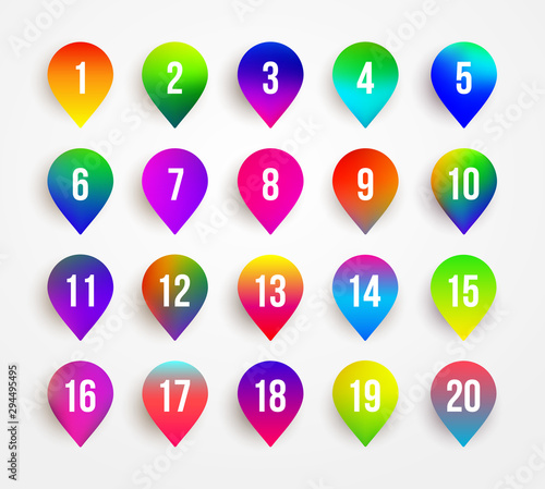 Arrow bullet point colorful 3d markers with number 1 To 20. Gradient vector illustration. Isolated on white background.