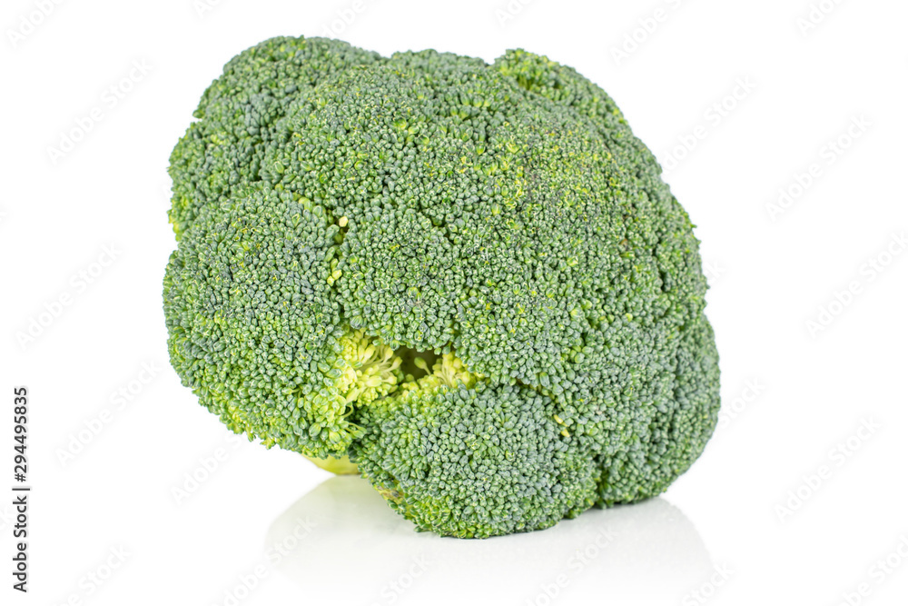 One whole fresh green broccoli isolated on white background One whole fresh green broccoli isolated on white background