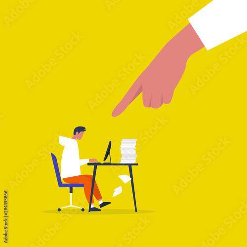 Quadro em tela Authoritarian way of management, A finger pointing on an exhausted office employ