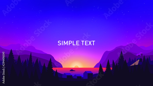 Village in the mountains on a sunset background  in a simple flat style