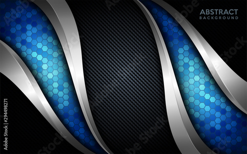 Modern abstract blue tech with silver line and dark carbon background.