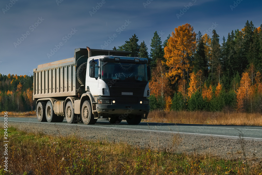 A lorry carries goods along a forest road against the backdrop of an autumn forest.