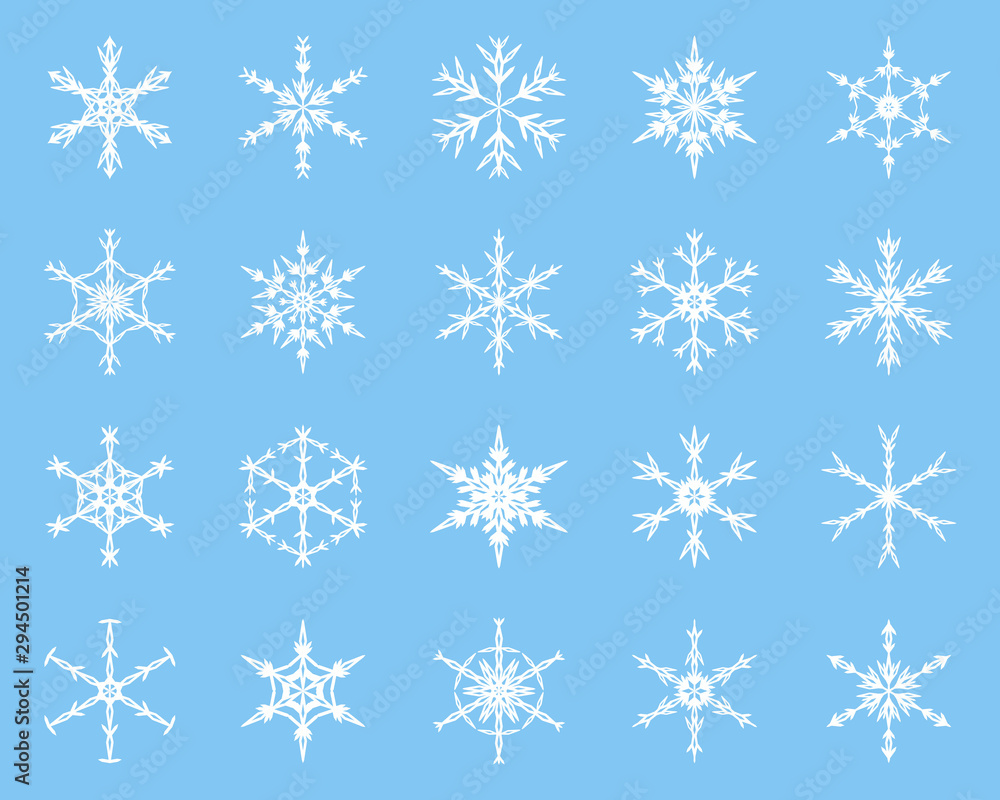 Winter Snowflake vector elements collection. White silhouette on blue background. Winter Snowflake vector elements collection. White silhouette on blue background.