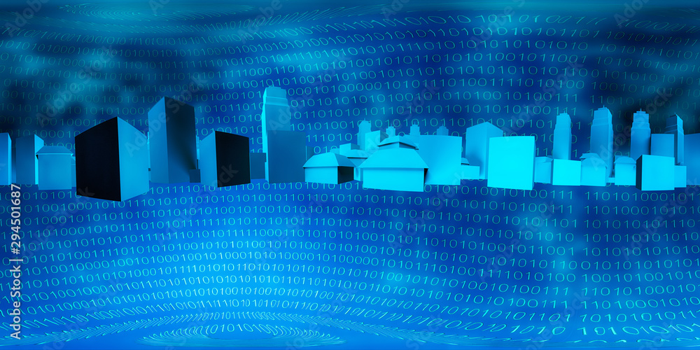 city and binary code. HDRI map 3D illustration city and binary code. HDRI map 3D illustration