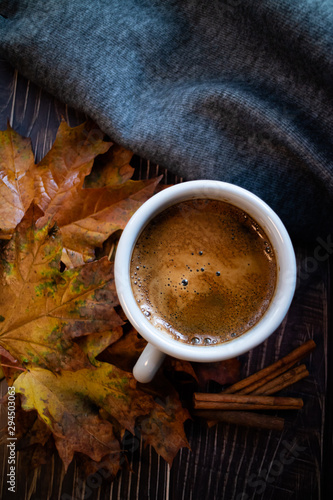 Autumn composition made with a mug of coffee, cinnamon, leaves and a blanket. Blooging concept. Vertical picture.