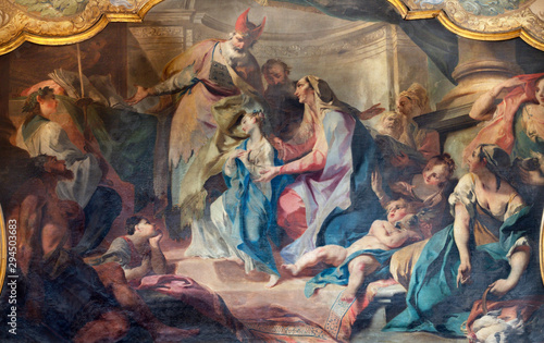 COMO, ITALY - MAY 8, 2015: The painting of Presentation of Virgin Mary in the Temple in church Santuario del Santissimo Crocifisso by Carlo Innocenzo Carloni (1686–1775).