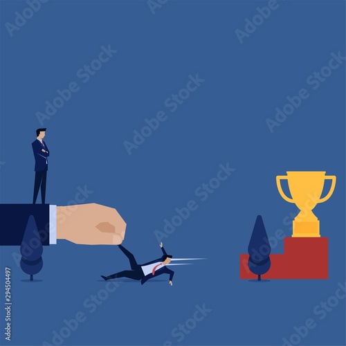 Business flat vector concept hand drag businessman from reach the trophy metaphor of unfair competition.