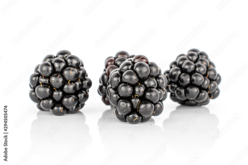 Group of four whole fresh black blackberry isolated on white background Group of four whole fresh black blackberry isolated on white background