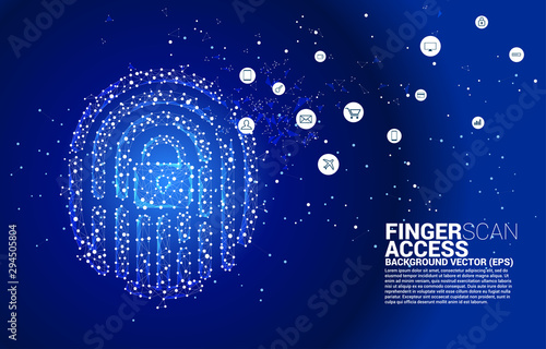 vector thumbprint icon with lock pad center from dot connect line polygon. background concept for finger scan technology and privacy access.