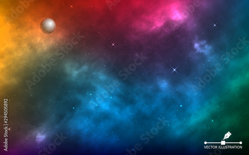 Fototapeta Realistyczne tło przestrzeni. Nieskończony wszechświat ze świecącymi gwiazdami. Kolorowy kosmos z drogą mleczną i gwiezdnym pyłem. Galaktyka w kolorze gwiaździstym. Magiczna niebieska mgławica. Ilustracja wektorowa