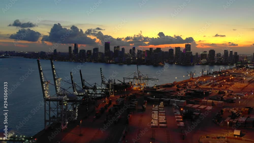 Port of Miami Florida shot at twilight with moody painterly sky Port of Miami Florida shot at twilight with moody painterly sky