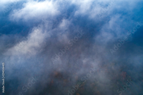 Top down view of fog clouds and forest underneath.