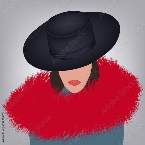 Fashionable fur. Woman in a hat and a red fur collar - vector. Salon of fur clothes. Winter outfit.