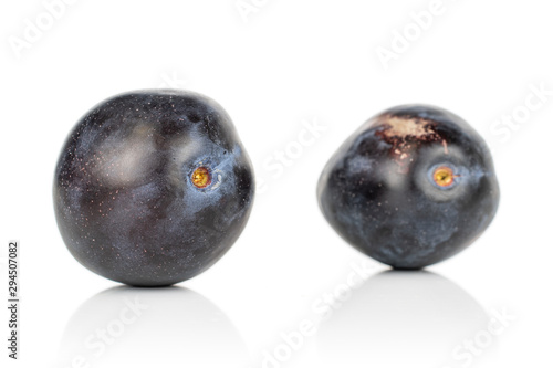 Group of two whole fresh purple plum isolated on white background