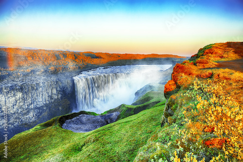 Dramatic sunset view  of the most powerful waterfall in Europe called Dettifoss