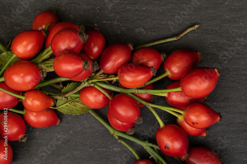 Lot of whole fresh red rosehip flatlay on grey stone